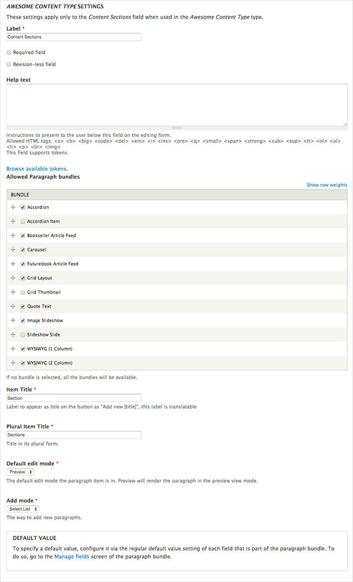 The field settings for a paragraph field