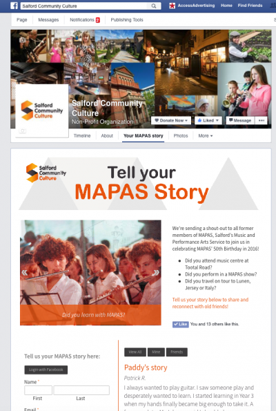 Salford Community Culture facebook page with Your MASPAS story tab