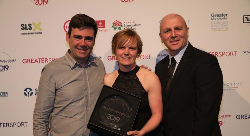 Andy Burnham, winner Kirsty Rowlinson-Groves and Access' Phil Fraser 