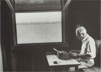 E B White at his desk